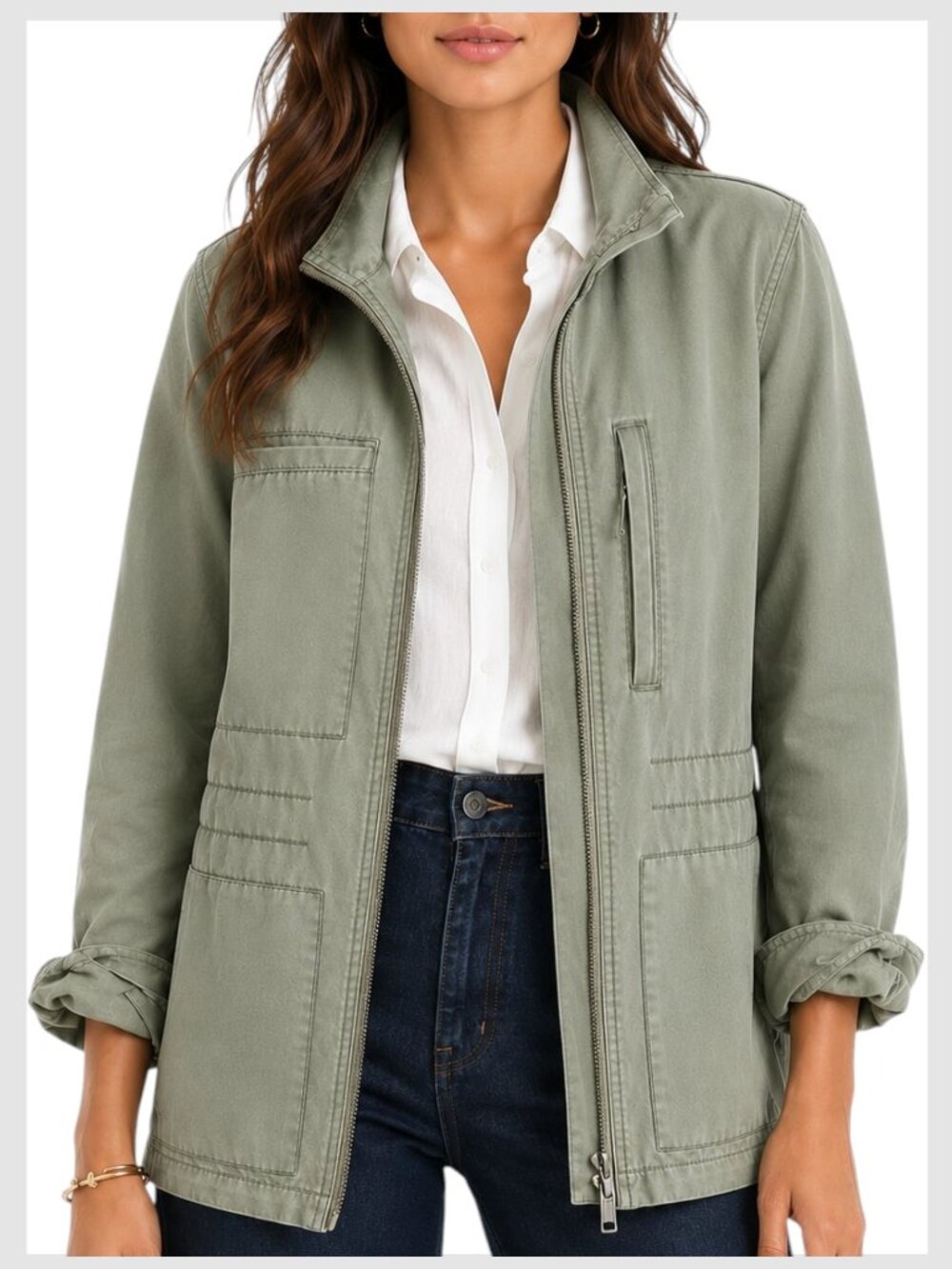 Madewell Fleet Utility Jacket Army Green Stand Collar Drawstring Size S